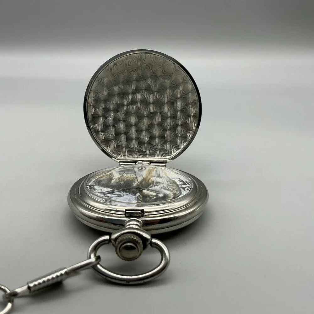 Al Agnew Pocket Watch Men 46mm Silver Tone Wolf Full Hunter Chain New Battery